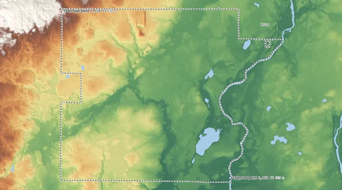 Topographic elevation map of Stubbs, Wisconsin, shaded from 1,060 ft on the southeast side to 1,410 ft on the northwest side