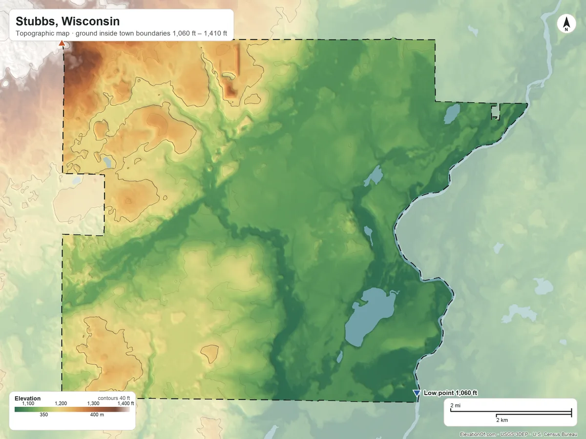Topographic elevation map of Stubbs, Wisconsin, shaded from 1,060 ft on the southeast side to 1,410 ft on the northwest side