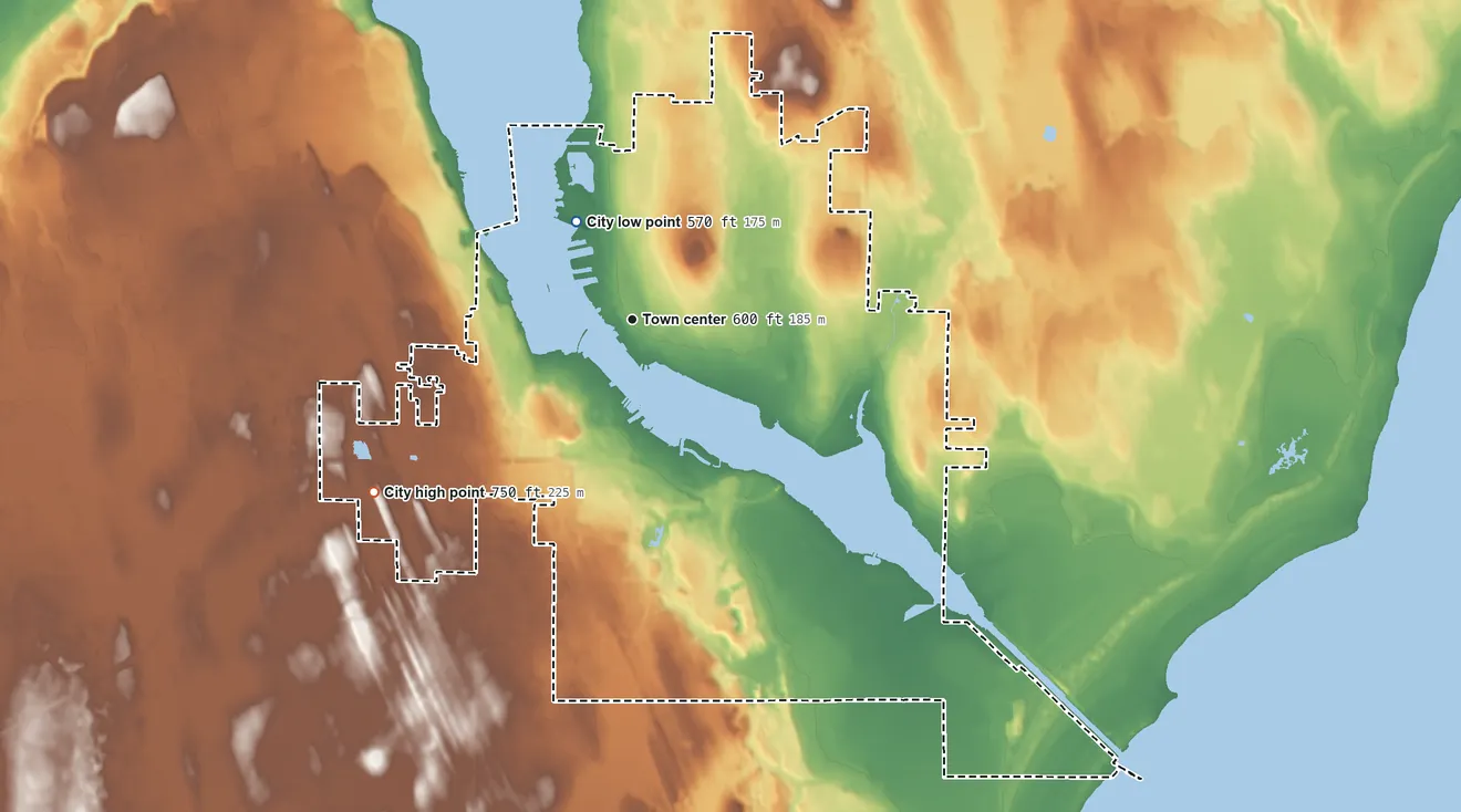 Topographic elevation map of Sturgeon Bay, Wisconsin, shaded from 570 ft on the northwest side to 750 ft on the southwest side