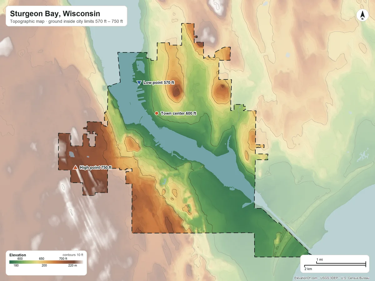 Topographic elevation map of Sturgeon Bay, Wisconsin, shaded from 570 ft on the northwest side to 750 ft on the southwest side