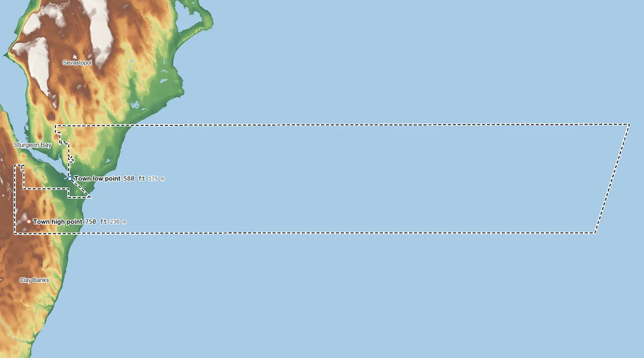 Topographic elevation map of Town of Sturgeon Bay, Wisconsin, shaded from 580 ft near the middle to 750 ft on the southwest side