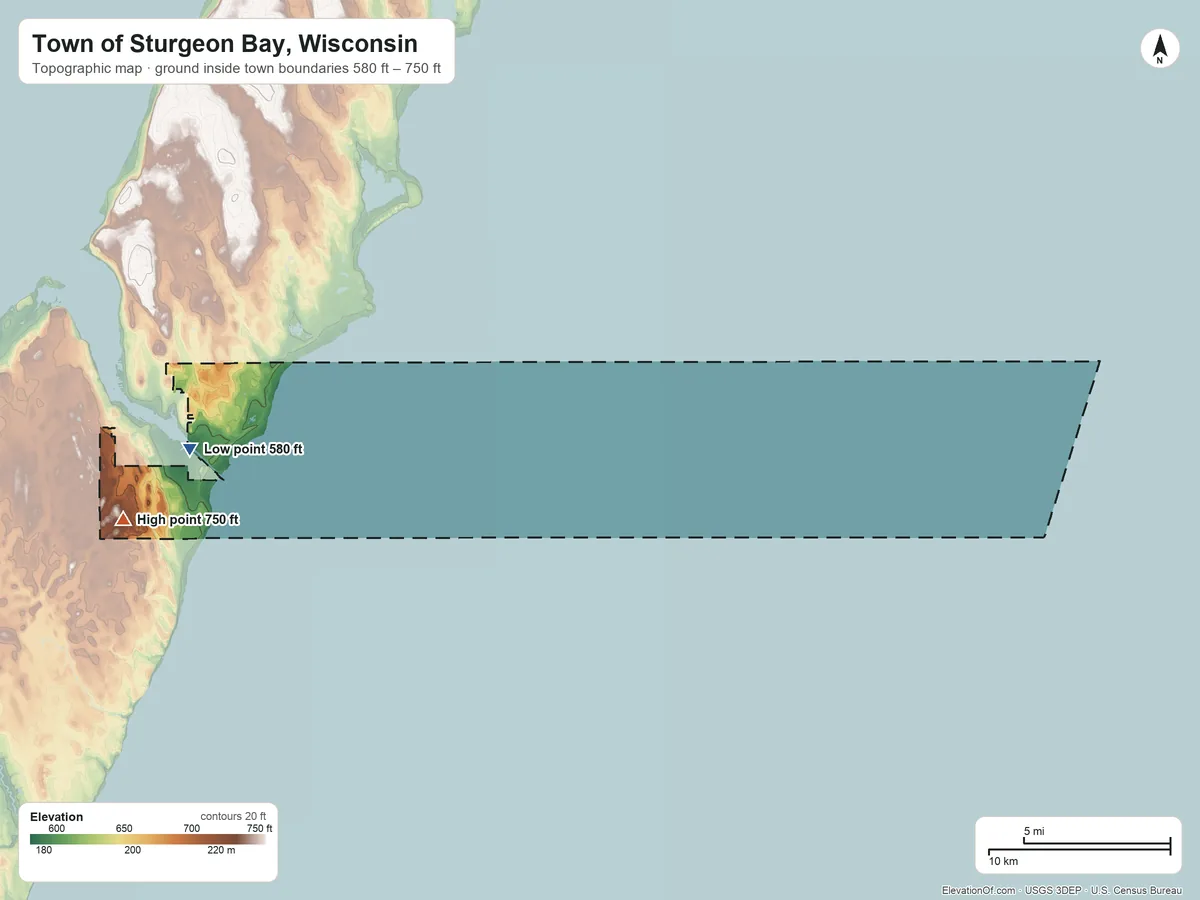 Topographic elevation map of Town of Sturgeon Bay, Wisconsin, shaded from 580 ft near the middle to 750 ft on the southwest side