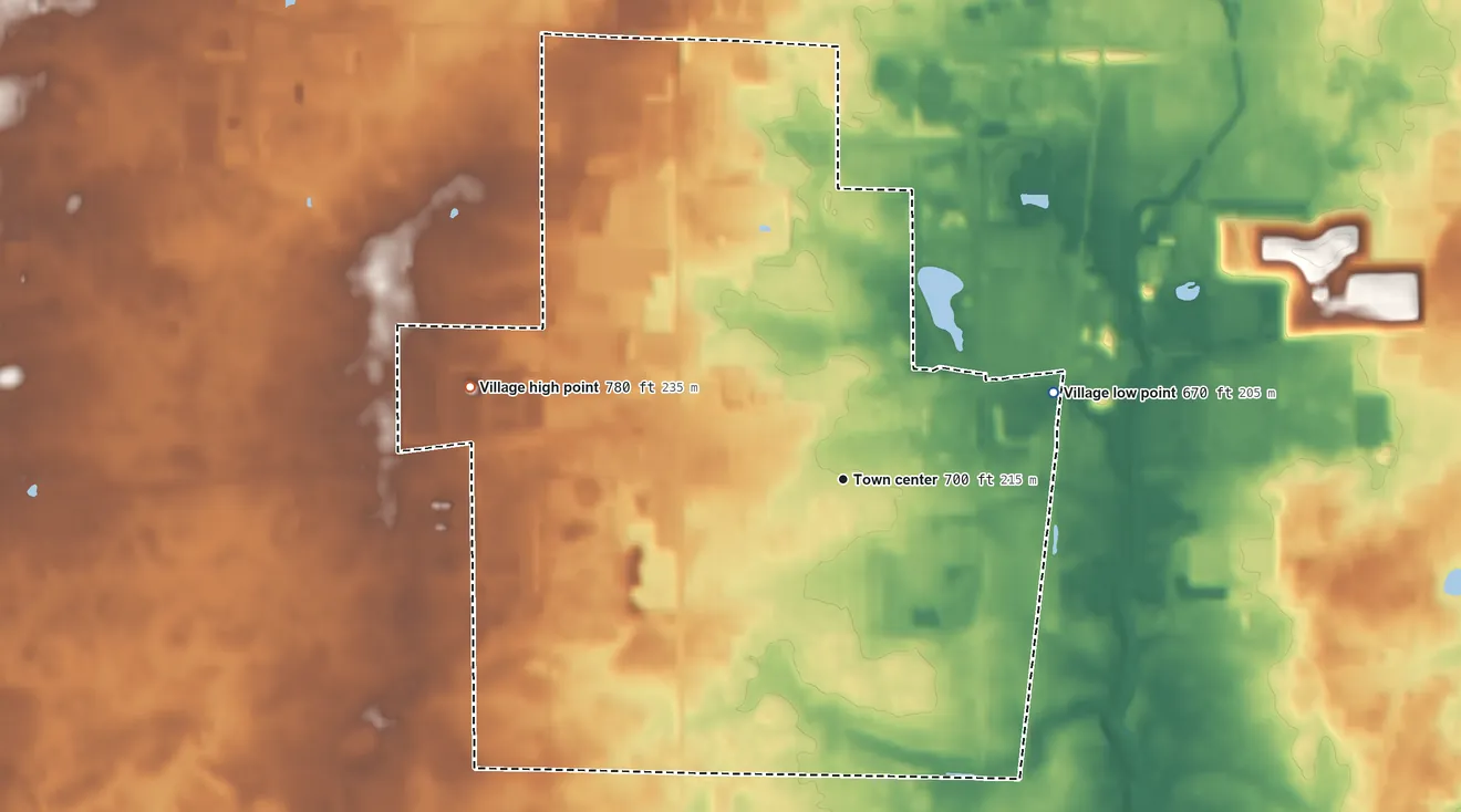 Topographic elevation map of Sturtevant, Wisconsin, shaded from 670 ft on the east side to 780 ft on the west side