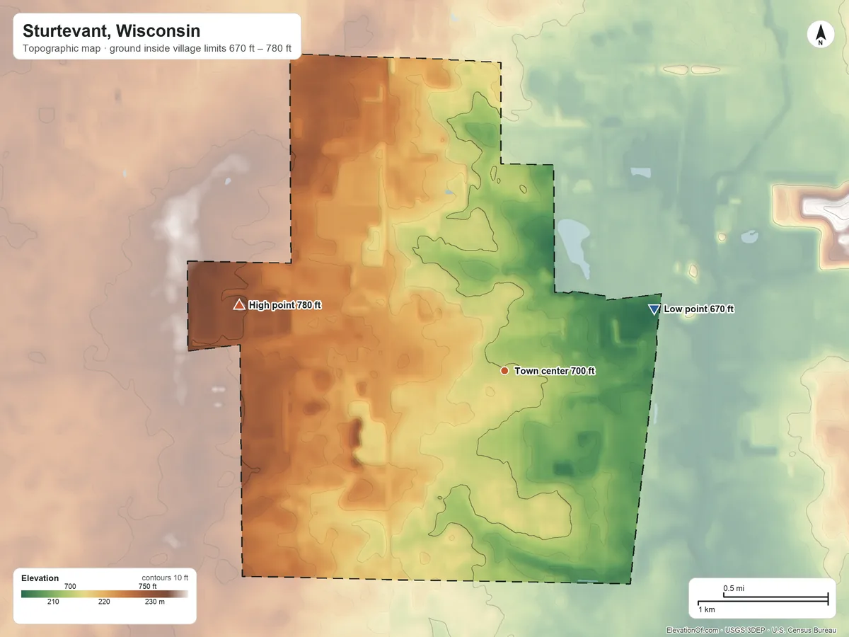 Topographic elevation map of Sturtevant, Wisconsin, shaded from 670 ft on the east side to 780 ft on the west side