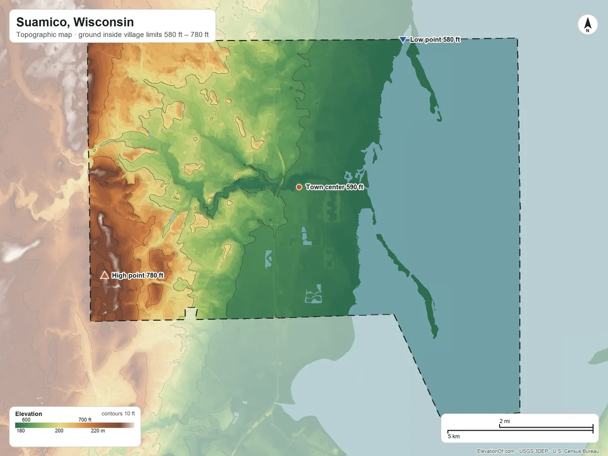 Topographic elevation map of Suamico, Wisconsin, shaded from 580 ft on the northeast side to 780 ft on the southwest side