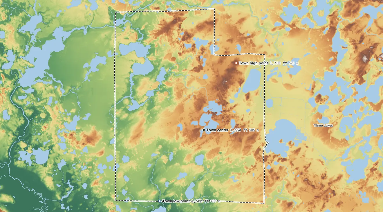 Topographic elevation map of Sugar Camp, Wisconsin, shaded from 1,580 ft on the southwest side to 1,730 ft on the northeast side