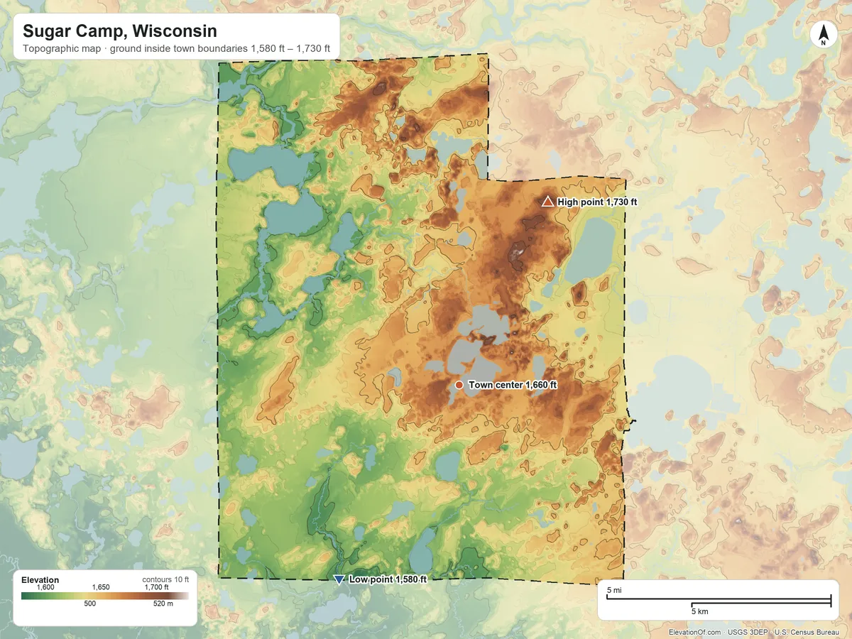 Topographic elevation map of Sugar Camp, Wisconsin, shaded from 1,580 ft on the southwest side to 1,730 ft on the northeast side