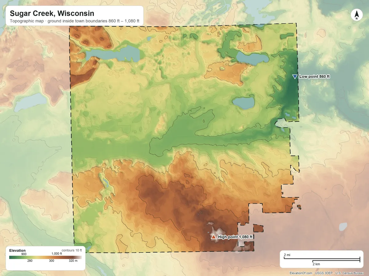 Topographic elevation map of Sugar Creek, Wisconsin, shaded from 860 ft on the east side to 1,080 ft on the south side