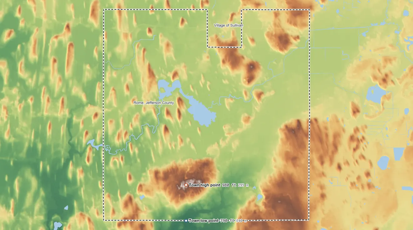 Topographic elevation map of Sullivan, Wisconsin, shaded from 790 ft on the south side to 980 ft on the southwest side