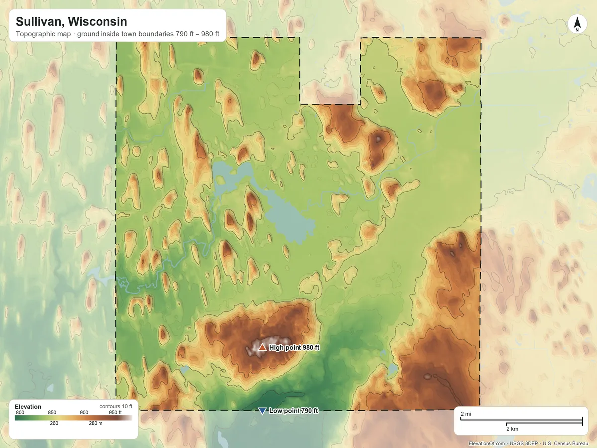 Topographic elevation map of Sullivan, Wisconsin, shaded from 790 ft on the south side to 980 ft on the southwest side