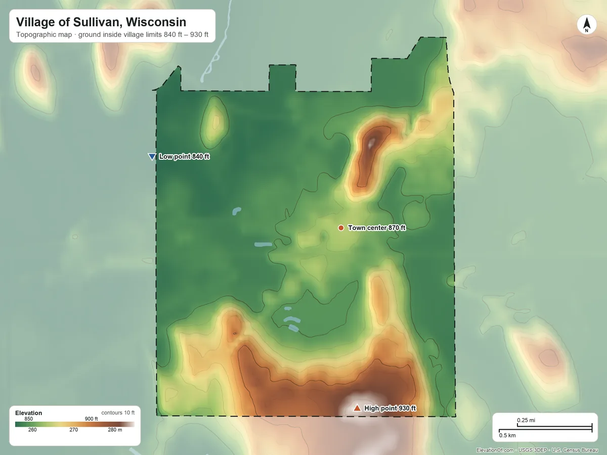 Topographic elevation map of Village of Sullivan, Wisconsin, shaded from 840 ft on the west side to 930 ft on the south side