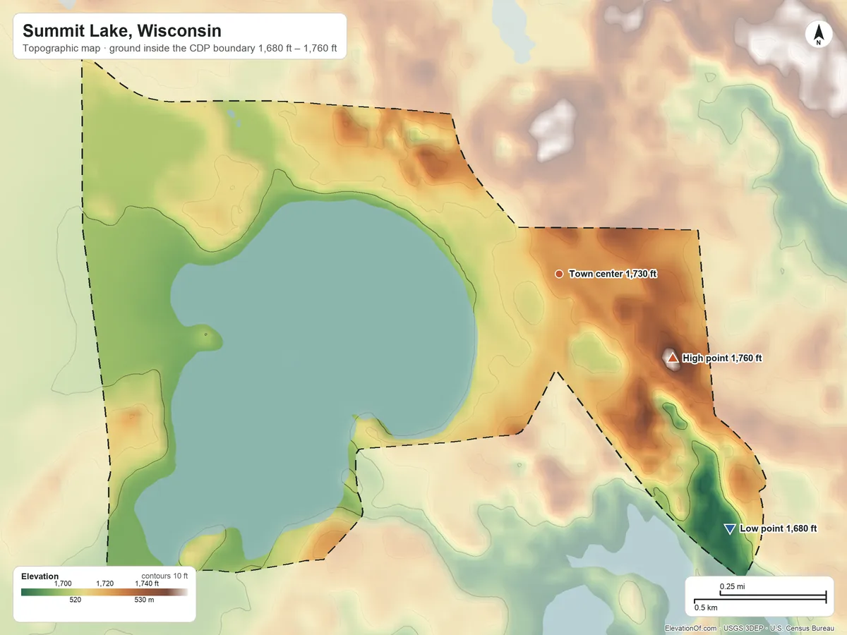 Topographic elevation map of Summit Lake, Wisconsin, shaded from 1,680 ft on the southeast side to 1,760 ft on the southeast side