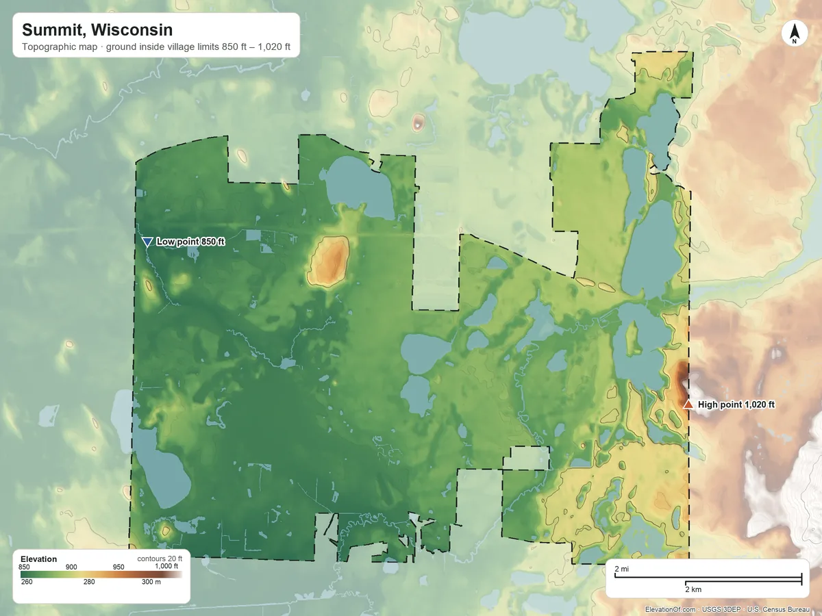 Topographic elevation map of Summit, Wisconsin, shaded from 850 ft on the northwest side to 1,020 ft on the east side