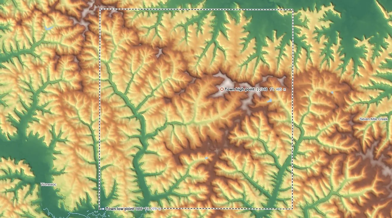 Topographic elevation map of Town of Summit, Wisconsin, shaded from 900 ft on the southwest side to 1,340 ft on the northeast side