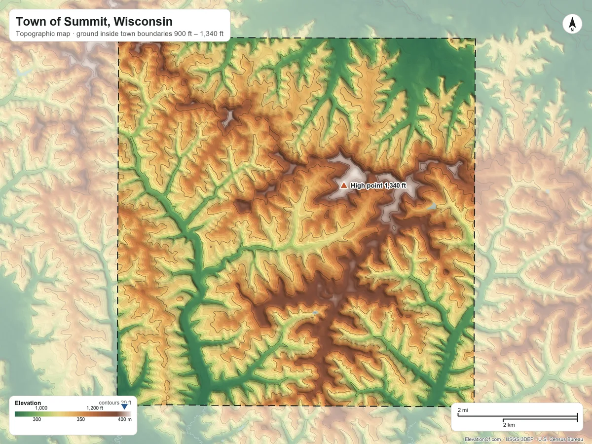 Topographic elevation map of Town of Summit, Wisconsin, shaded from 900 ft on the southwest side to 1,340 ft on the northeast side