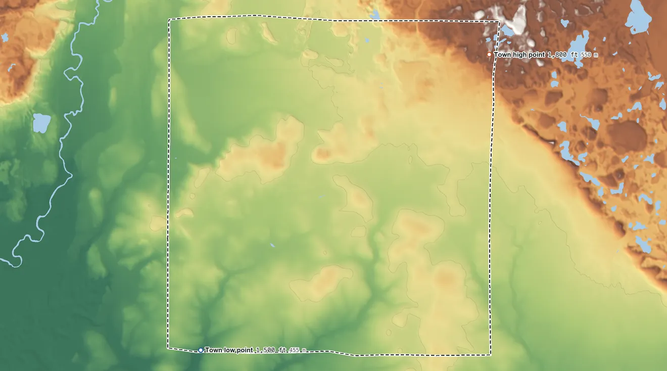 Topographic elevation map of Town of Summit, Wisconsin, shaded from 1,500 ft on the southwest side to 1,800 ft on the northeast side