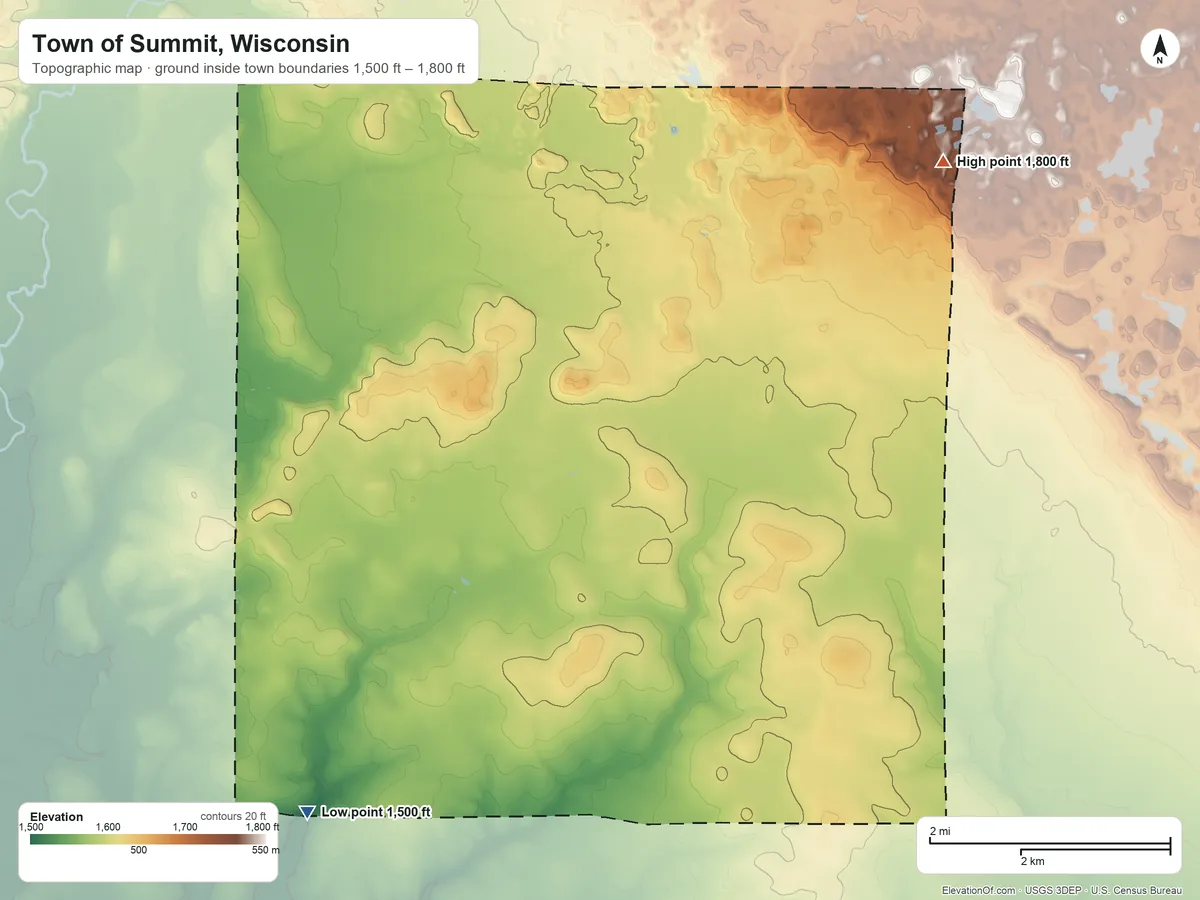 Topographic elevation map of Town of Summit, Wisconsin, shaded from 1,500 ft on the southwest side to 1,800 ft on the northeast side