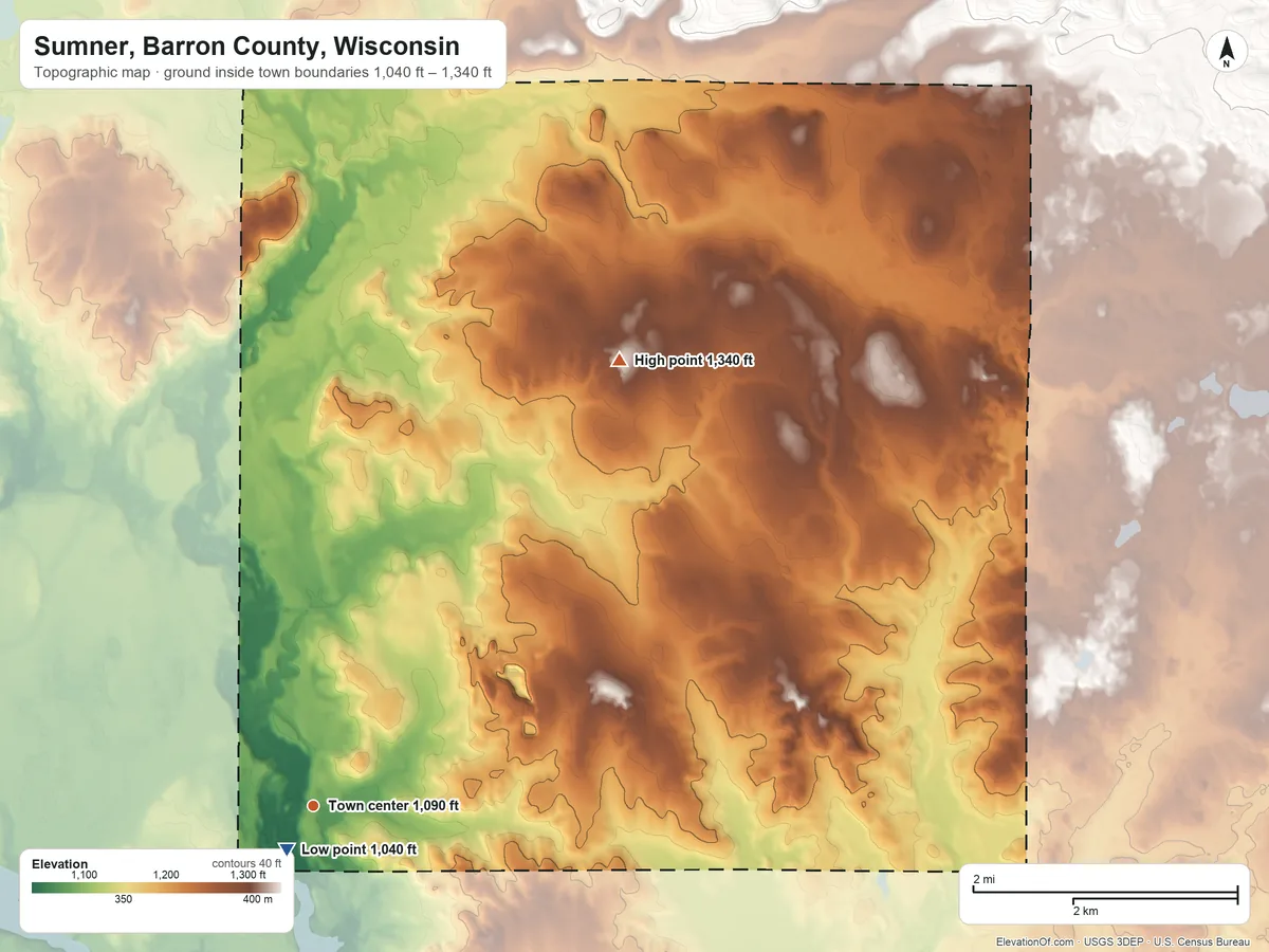 Topographic elevation map of Sumner, Barron County, Wisconsin, shaded from 1,040 ft near the middle to 1,340 ft on the northeast side