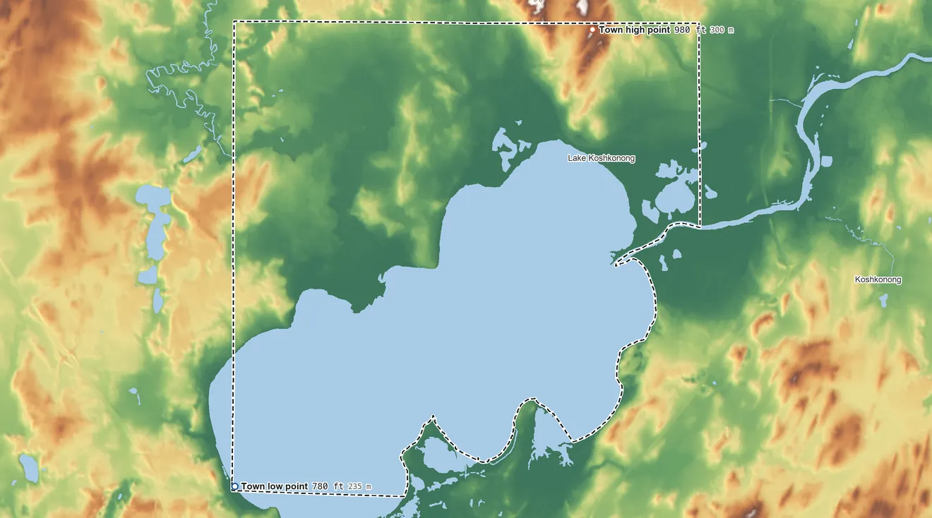 Topographic elevation map of Sumner, Jefferson County, Wisconsin, shaded from 780 ft on the southwest side to 980 ft on the northeast side