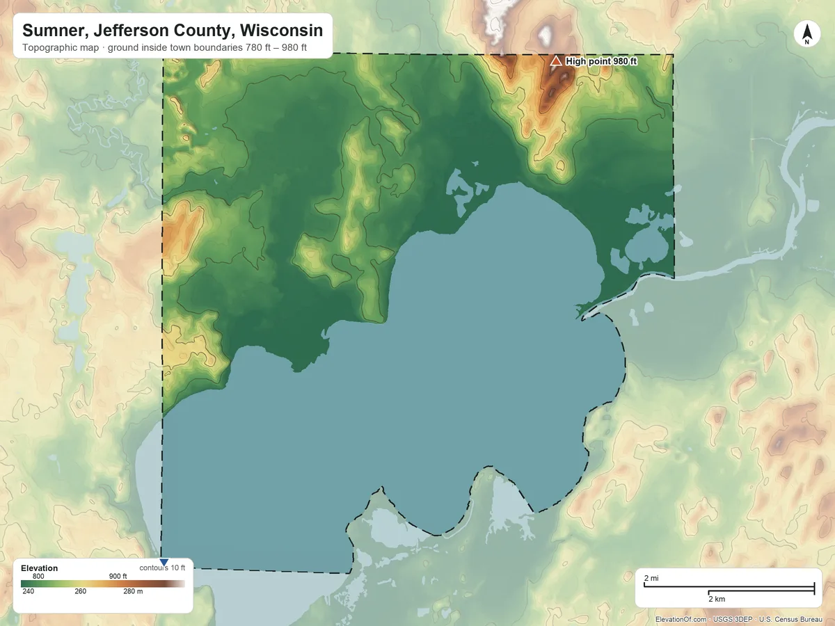 Topographic elevation map of Sumner, Jefferson County, Wisconsin, shaded from 780 ft on the southwest side to 980 ft on the northeast side