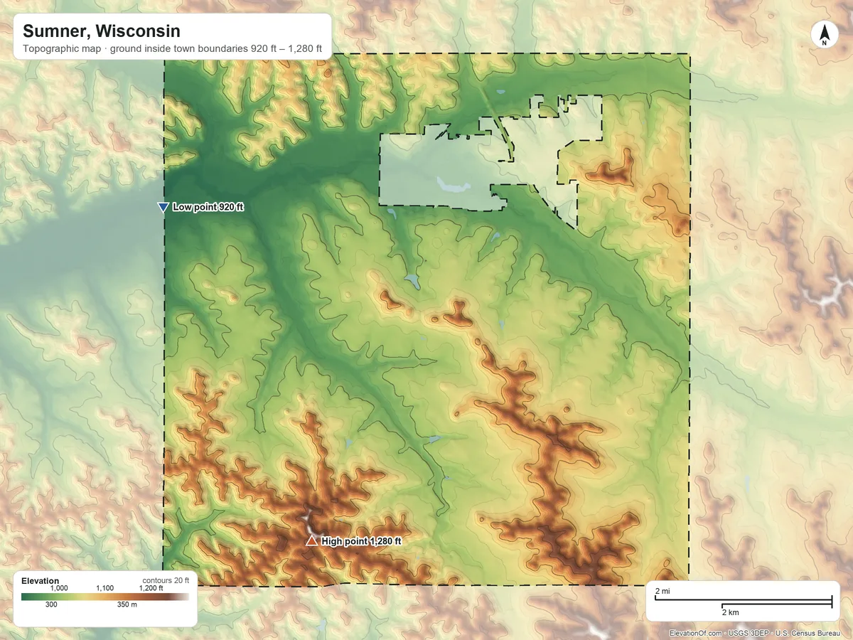 Topographic elevation map of Sumner, Wisconsin, shaded from 920 ft on the west side to 1,280 ft on the southwest side