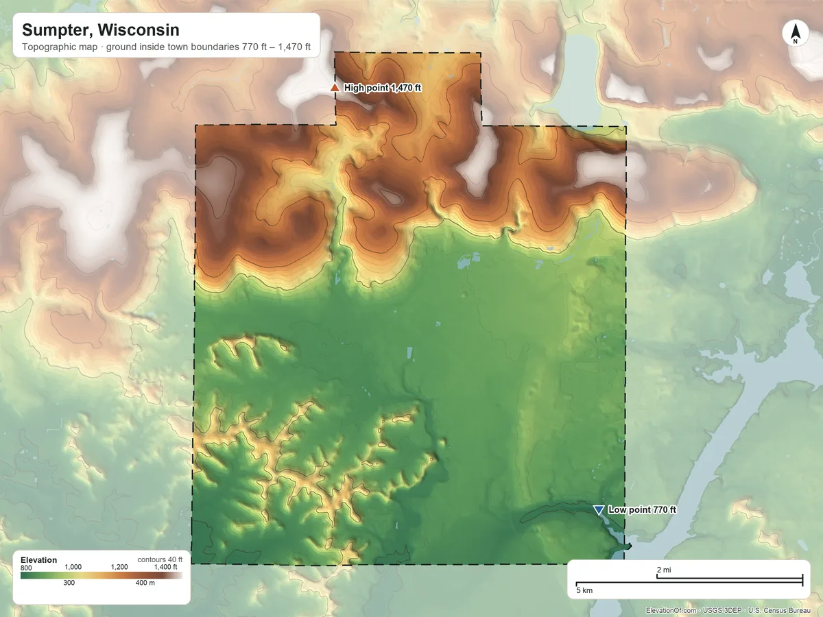 Topographic elevation map of Sumpter, Wisconsin, shaded from 770 ft on the southeast side to 1,470 ft on the north side