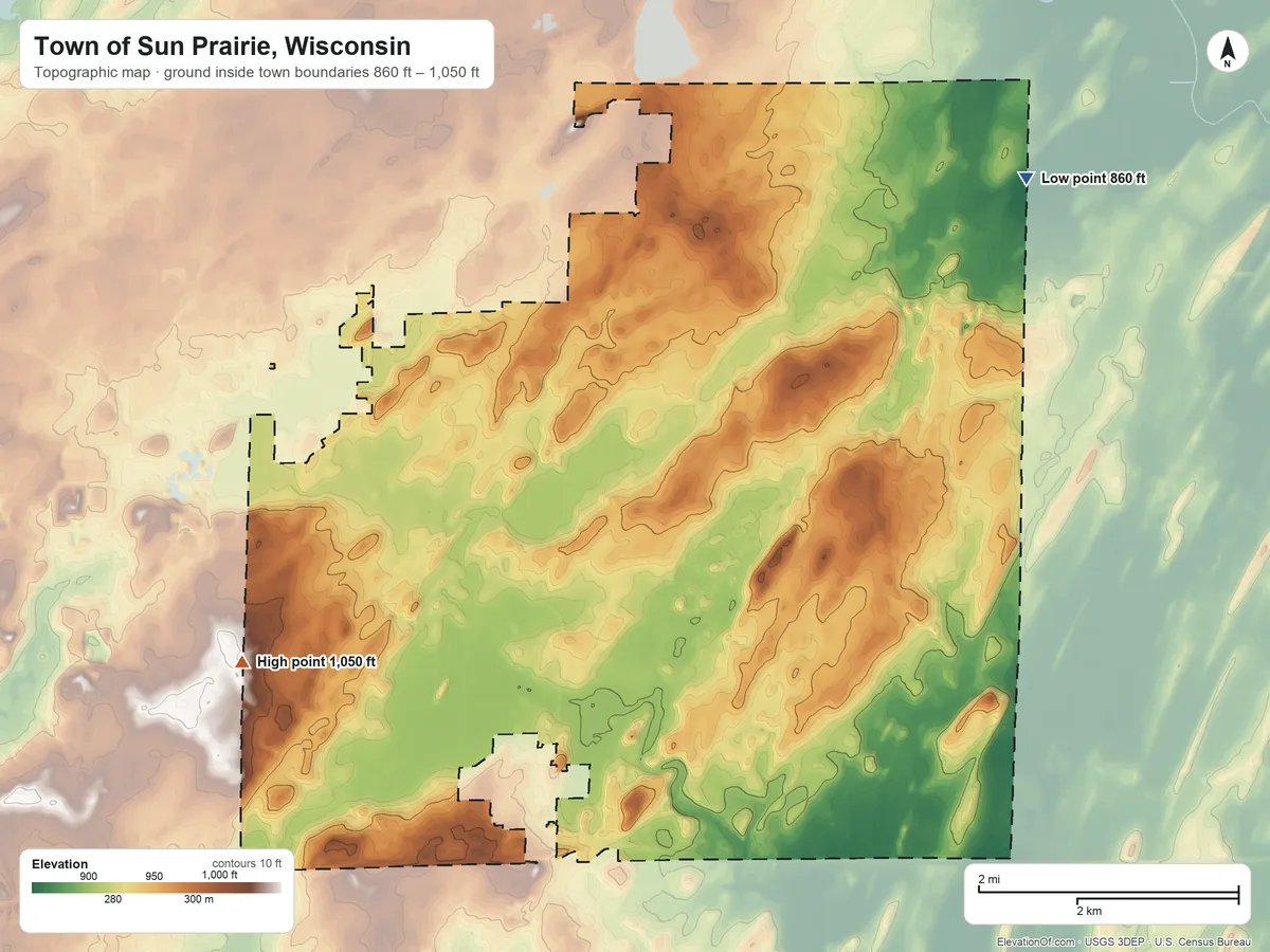 Topographic elevation map of Town of Sun Prairie, Wisconsin, shaded from 860 ft on the northeast side to 1,050 ft on the west side