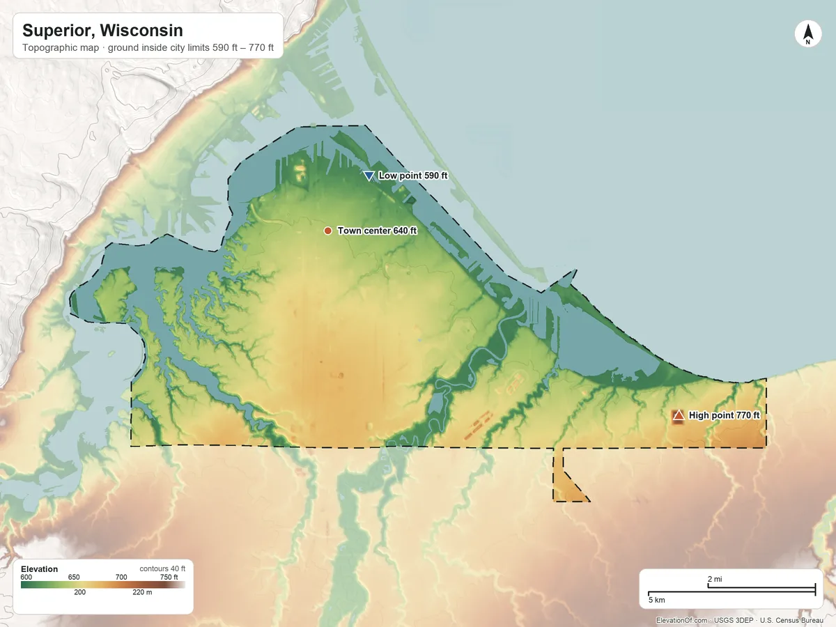 Topographic elevation map of Superior, Wisconsin, shaded from 590 ft near the middle to 770 ft on the southeast side