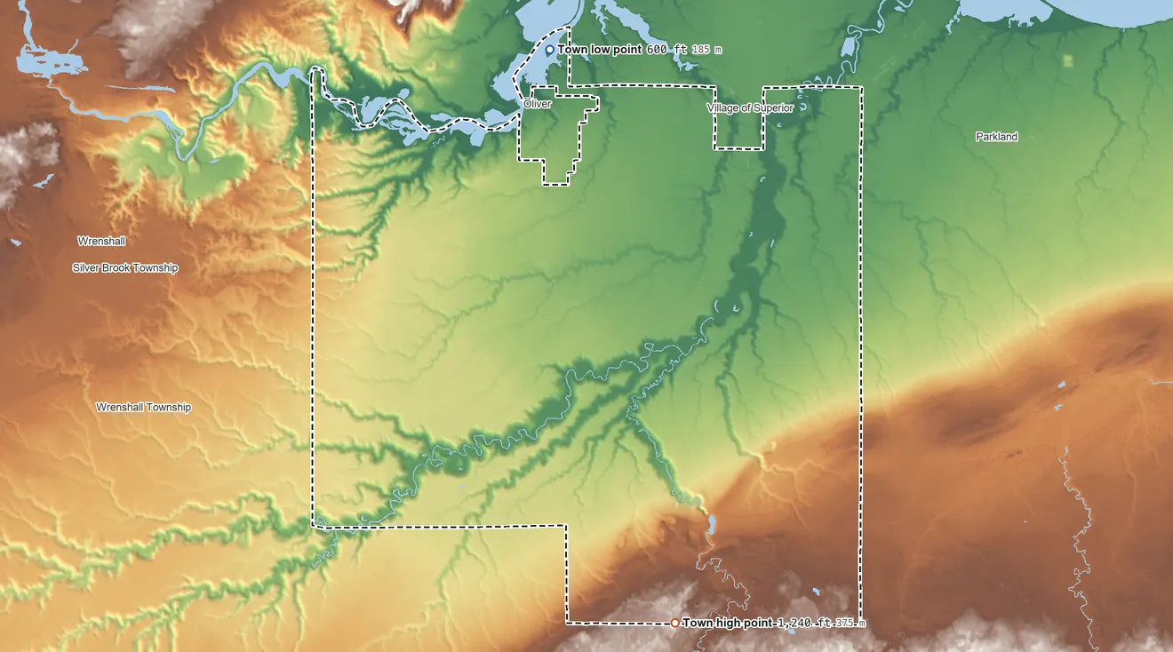 Topographic elevation map of Town of Superior, Wisconsin, shaded from 600 ft on the northwest side to 1,240 ft on the south side