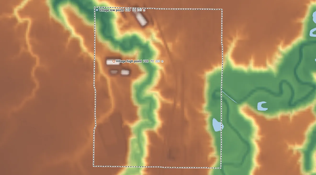 Topographic elevation map of Village of Superior, Wisconsin, shaded from 610 ft on the northwest side to 700 ft on the west side