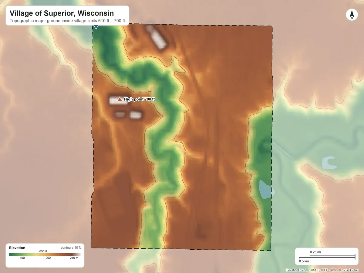 Topographic elevation map of Village of Superior, Wisconsin, shaded from 610 ft on the northwest side to 700 ft on the west side