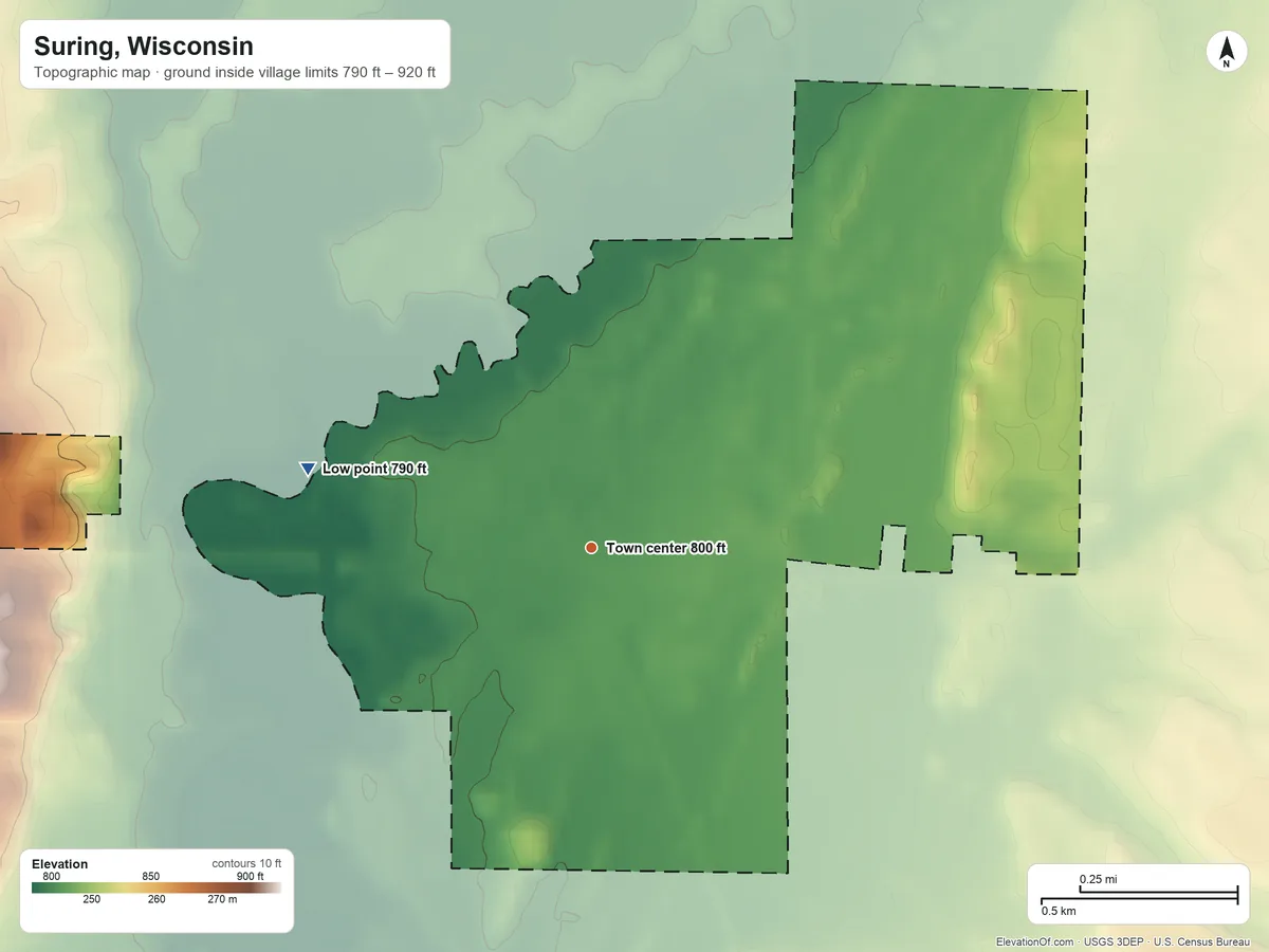 Topographic elevation map of Suring, Wisconsin, shaded from 790 ft on the west side to 920 ft on the west side