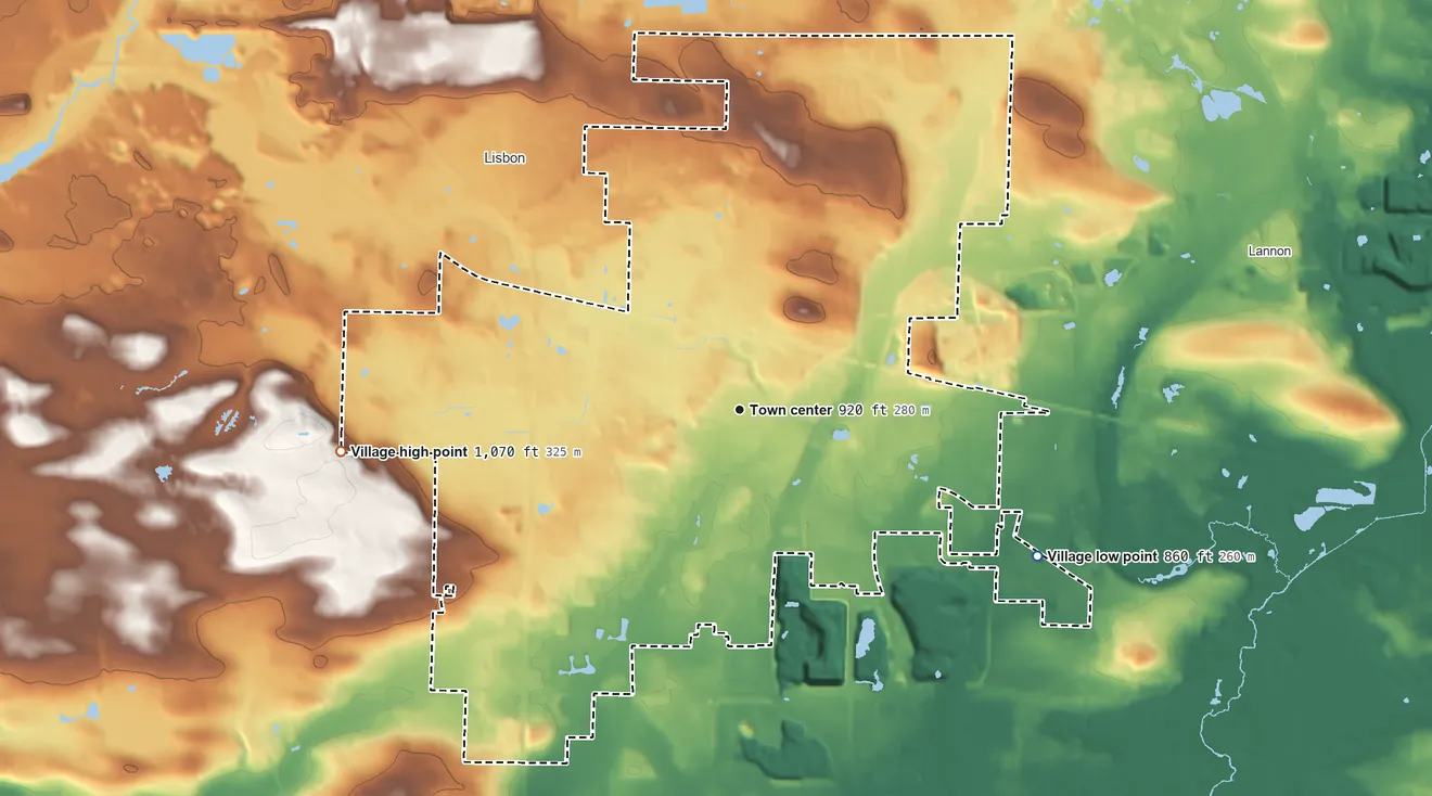 Topographic elevation map of Sussex, Wisconsin, shaded from 860 ft on the southeast side to 1,070 ft on the west side