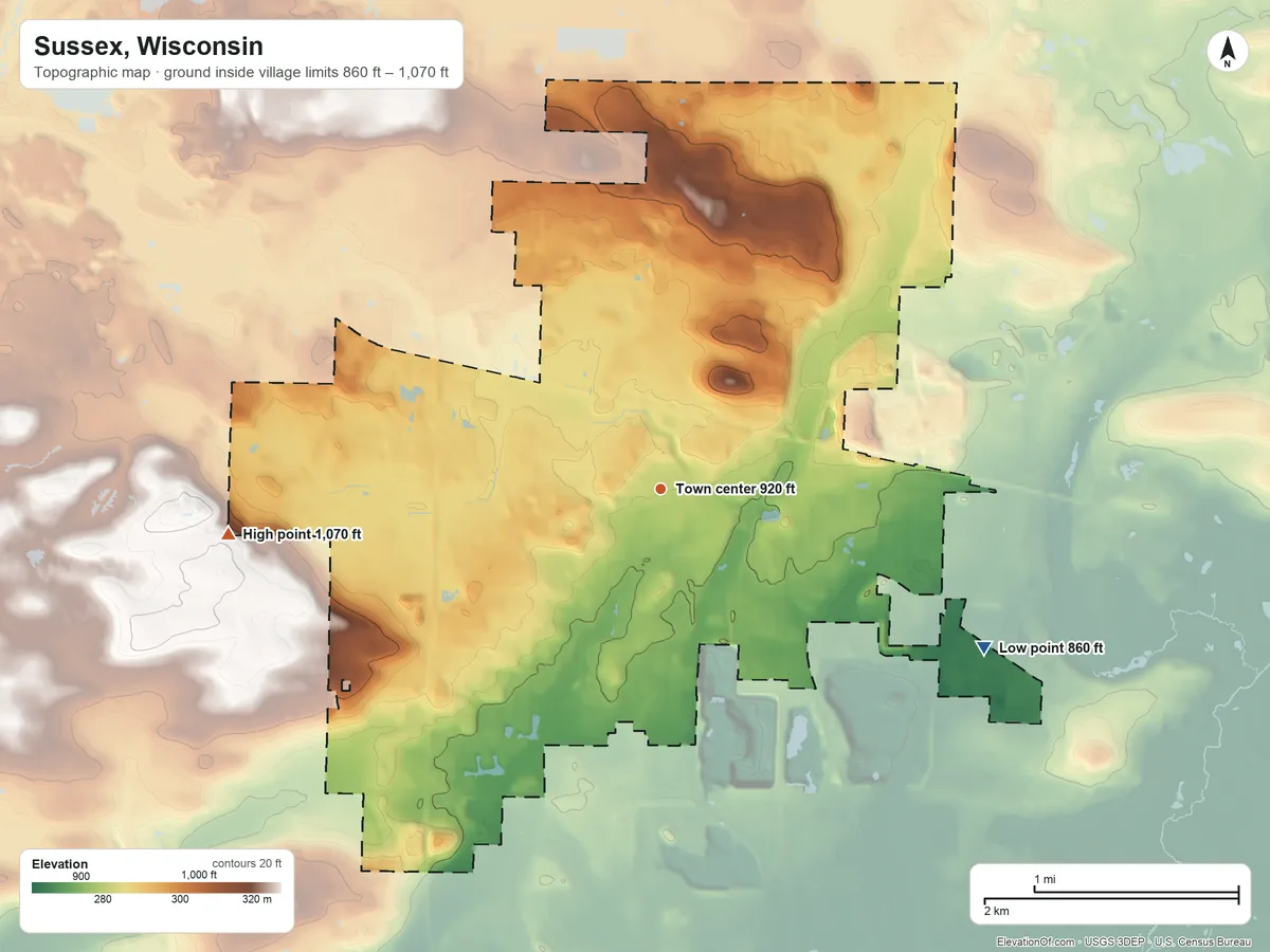 Topographic elevation map of Sussex, Wisconsin, shaded from 860 ft on the southeast side to 1,070 ft on the west side