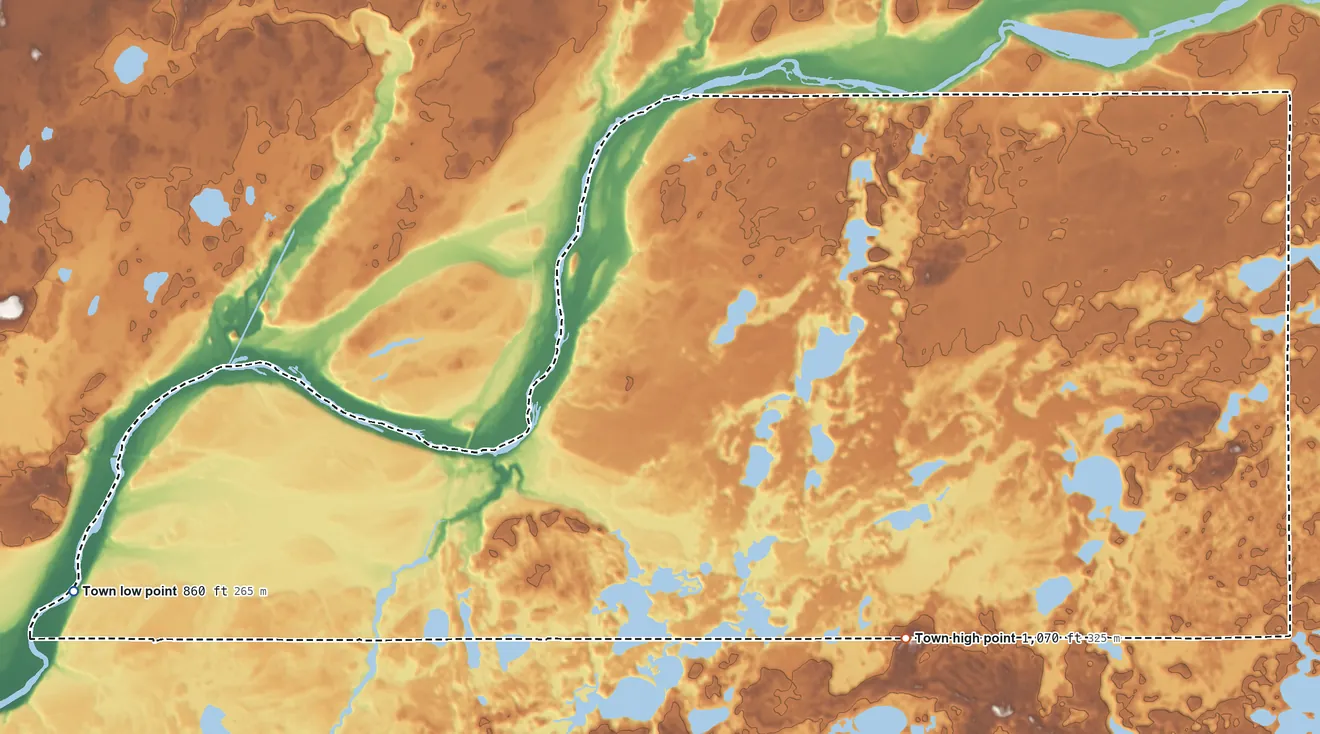 Topographic elevation map of Swiss, Wisconsin, shaded from 860 ft on the west side to 1,070 ft on the southeast side