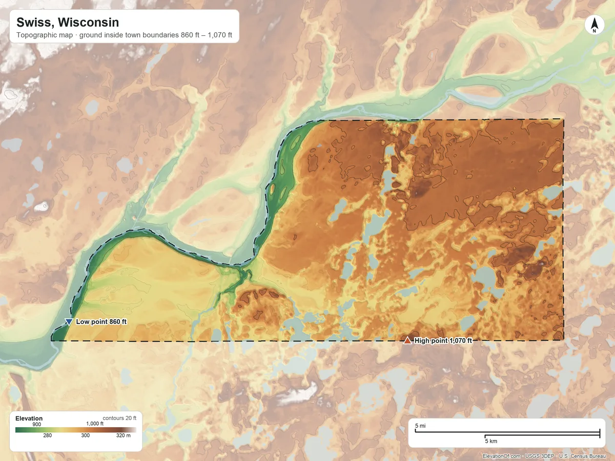 Topographic elevation map of Swiss, Wisconsin, shaded from 860 ft on the west side to 1,070 ft on the southeast side