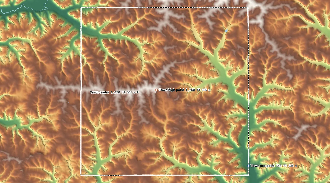 Topographic elevation map of Sylvan, Wisconsin, shaded from 780 ft on the southeast side to 1,260 ft near the middle