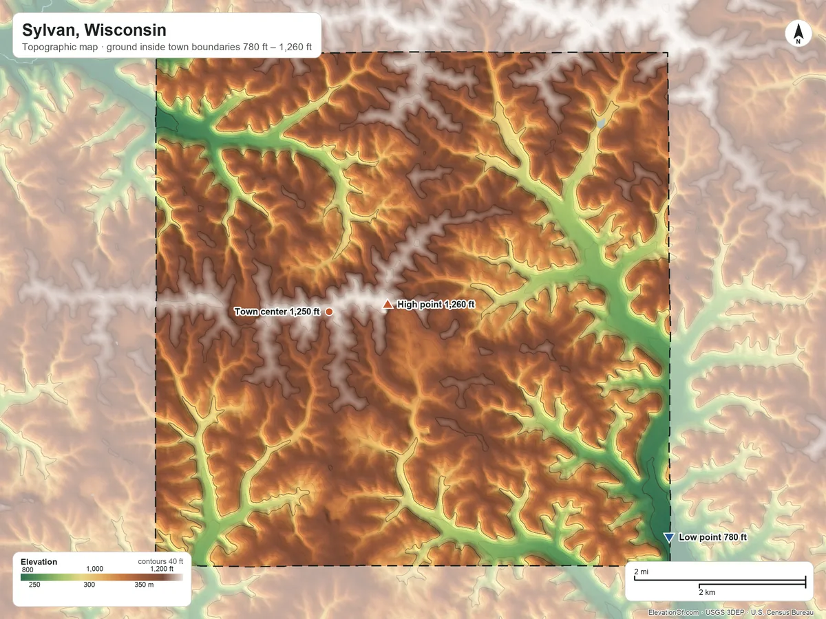 Topographic elevation map of Sylvan, Wisconsin, shaded from 780 ft on the southeast side to 1,260 ft near the middle