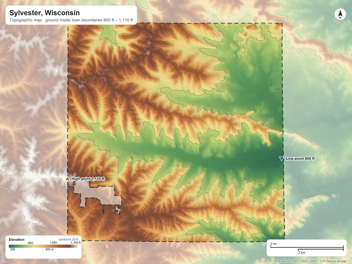 Topographic elevation map of Sylvester, Wisconsin, shaded from 800 ft on the east side to 1,110 ft on the southwest side