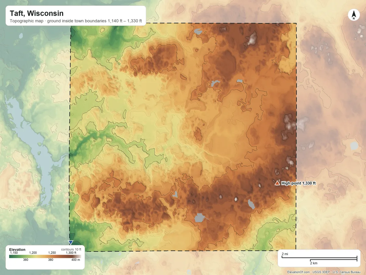 Topographic elevation map of Taft, Wisconsin, shaded from 1,140 ft on the southwest side to 1,330 ft on the southeast side