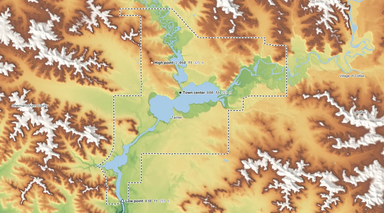 Topographic elevation map of Tainter Lake, Wisconsin, shaded from 830 ft on the southwest side to 1,060 ft on the northwest side