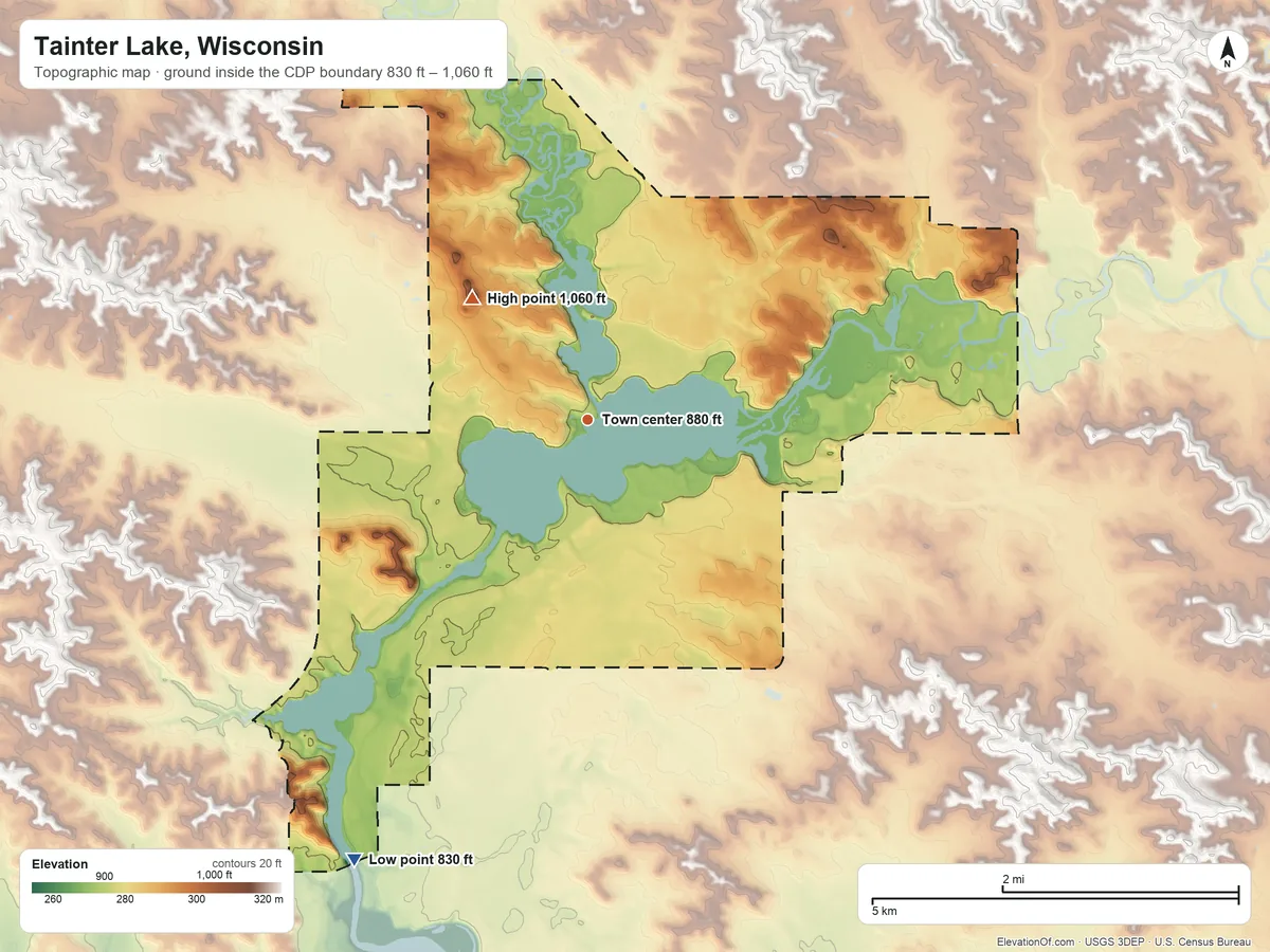 Topographic elevation map of Tainter Lake, Wisconsin, shaded from 830 ft on the southwest side to 1,060 ft on the northwest side