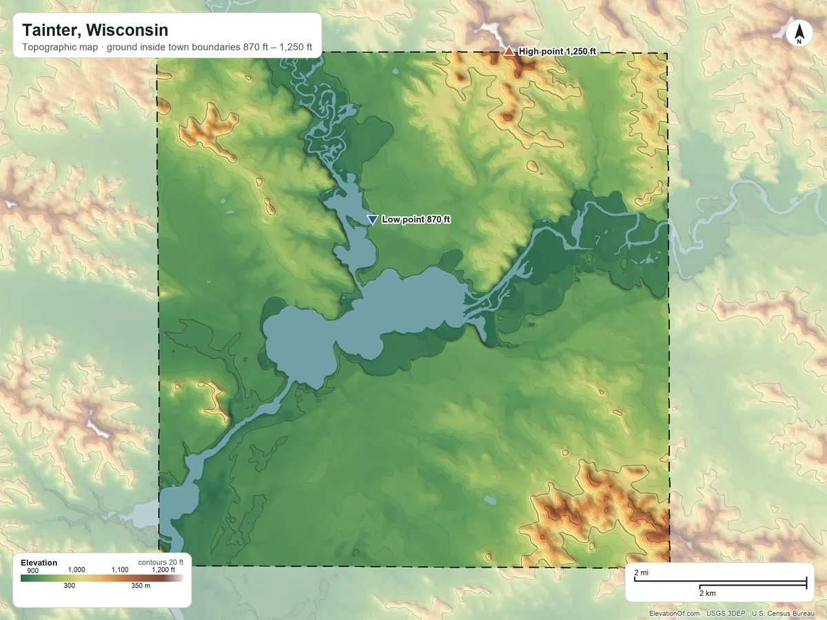 Topographic elevation map of Tainter, Wisconsin, shaded from 870 ft on the north side to 1,250 ft on the northeast side