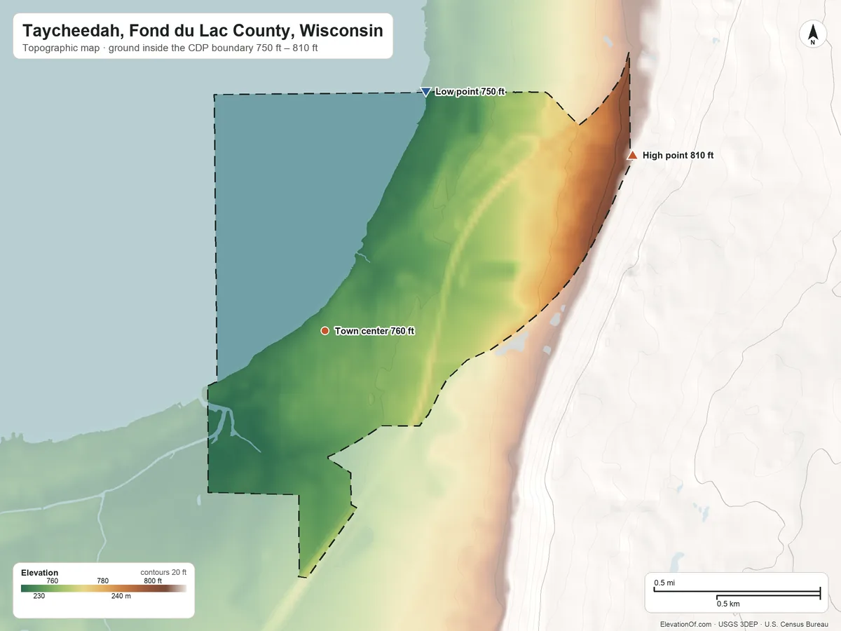 Topographic elevation map of Taycheedah, Fond du Lac County, Wisconsin, shaded from 750 ft on the northeast side to 810 ft on the northeast side