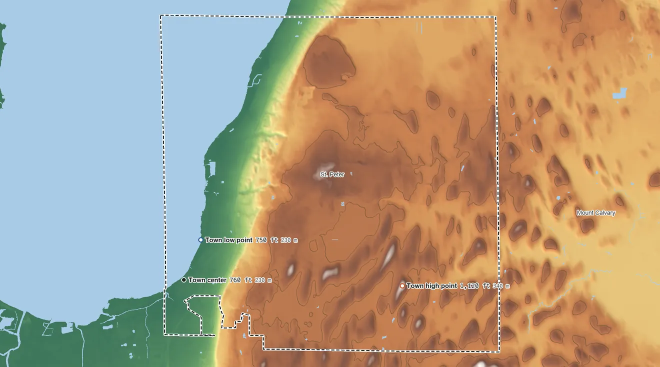 Topographic elevation map of Taycheedah, Wisconsin, shaded from 750 ft near the middle to 1,120 ft on the east side