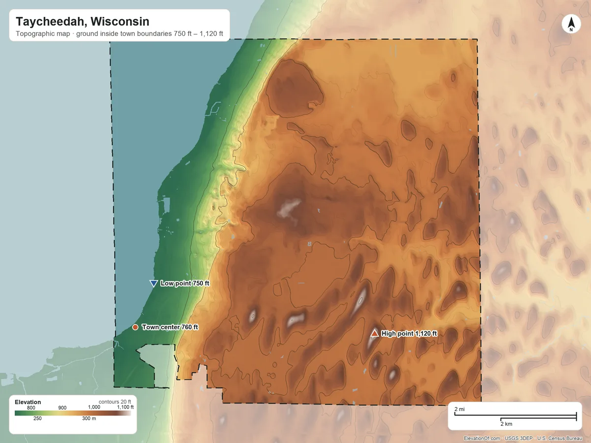 Topographic elevation map of Taycheedah, Wisconsin, shaded from 750 ft near the middle to 1,120 ft on the east side