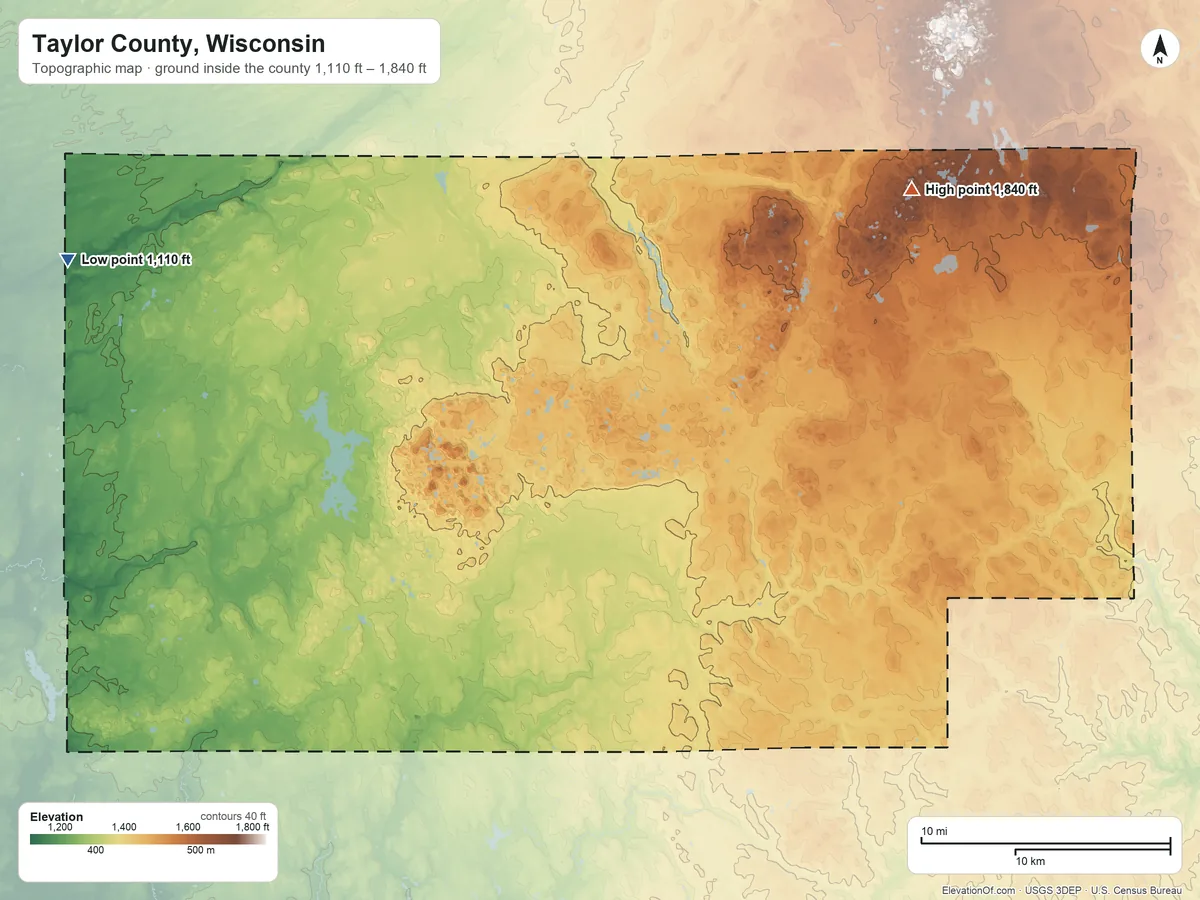Topographic elevation map of Taylor County, Wisconsin, shaded from 1,110 ft on the west side to 1,840 ft on the northeast side