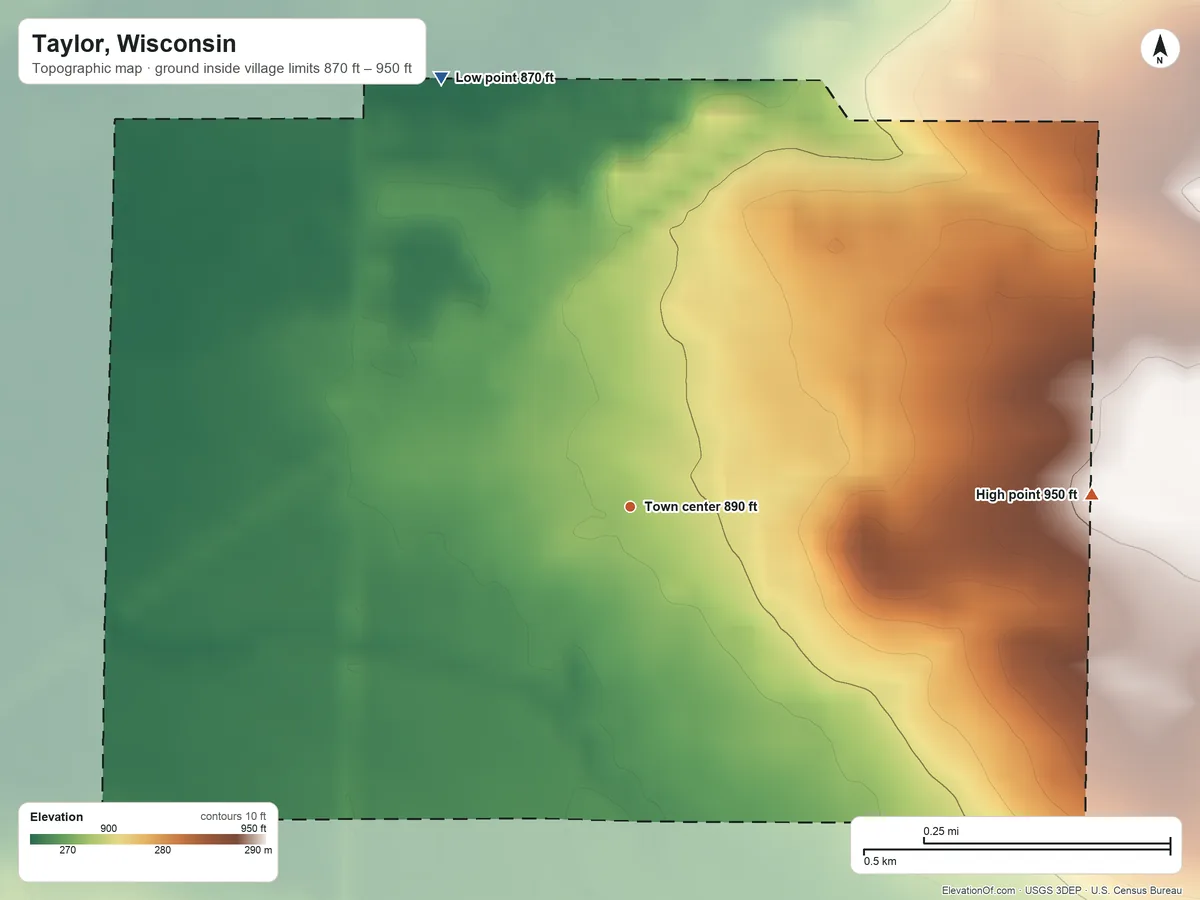 Topographic elevation map of Taylor, Wisconsin, shaded from 870 ft on the northwest side to 950 ft on the east side