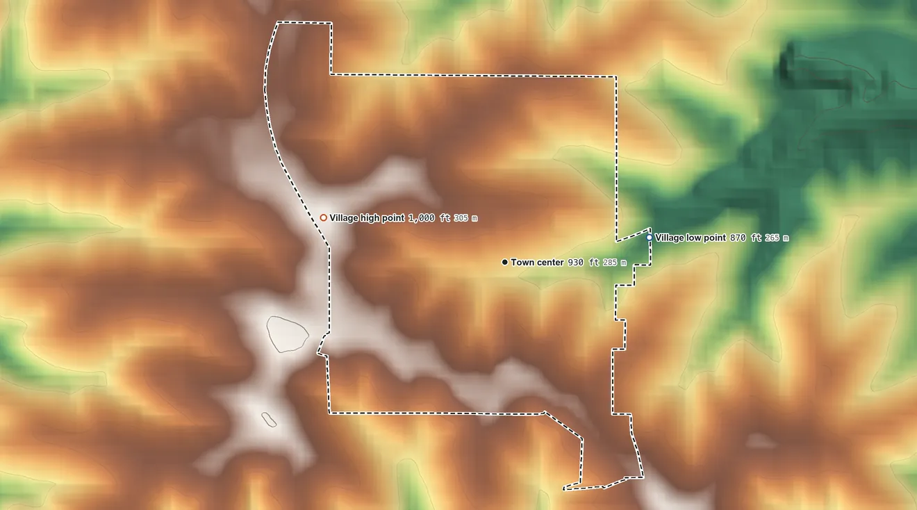 Topographic elevation map of Tennyson, Wisconsin, shaded from 870 ft on the east side to 1,000 ft on the west side