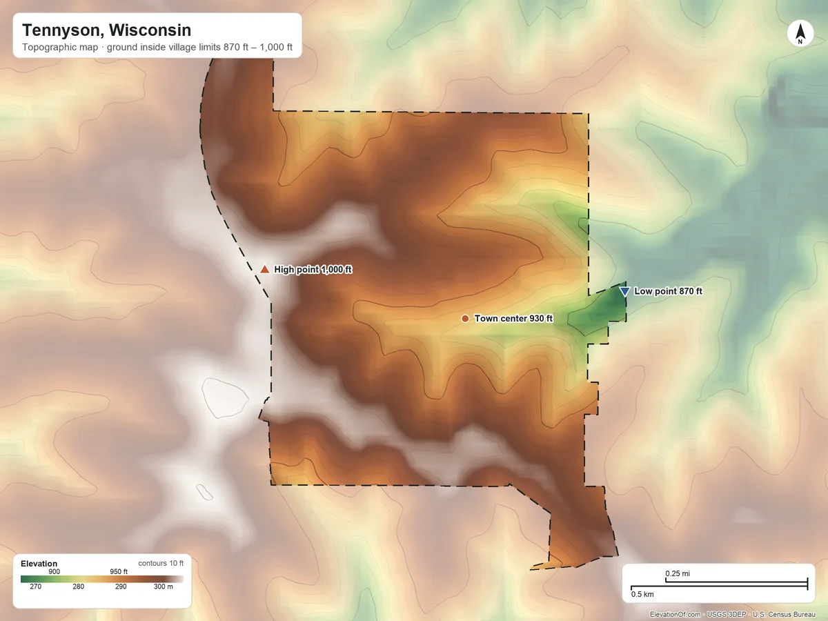 Topographic elevation map of Tennyson, Wisconsin, shaded from 870 ft on the east side to 1,000 ft on the west side